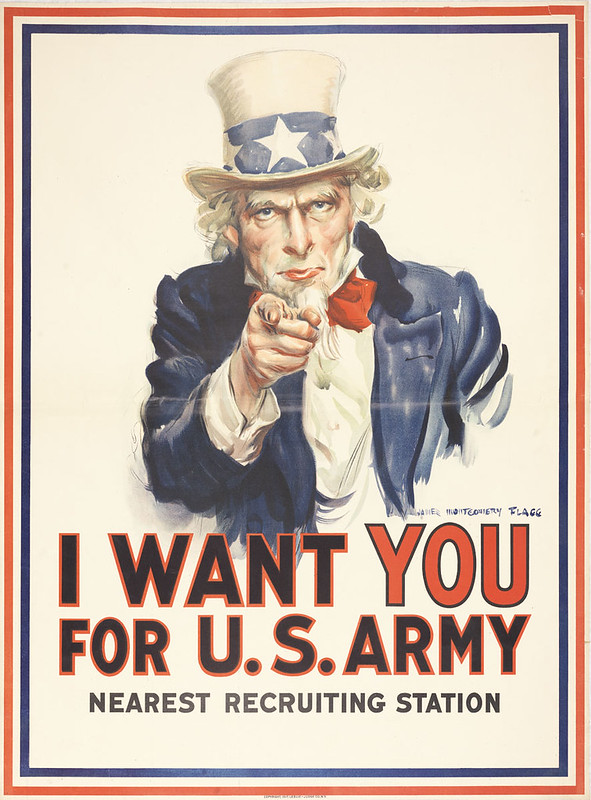 Political poster with recruiting message showing Uncle Sam